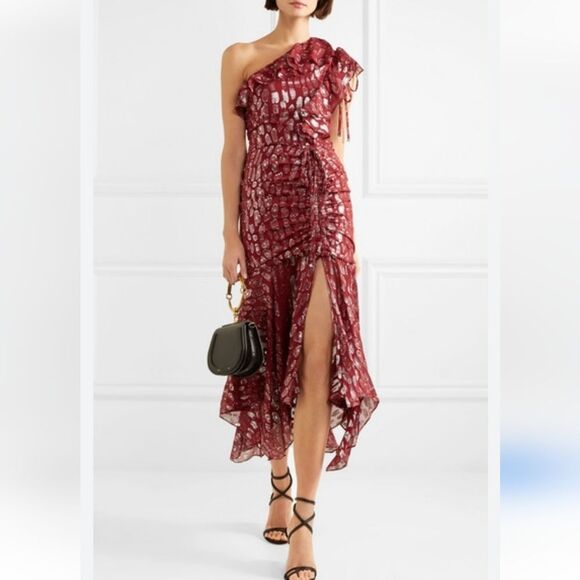 Veronica Beard Silk Metallic One Shoulder Ruffle Asymmetric Midi Dress Size 6 - Picture 1 of 10